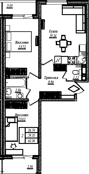 Планировка: 2-комнатная квартира 59,4 м² в ЖК «АРО»