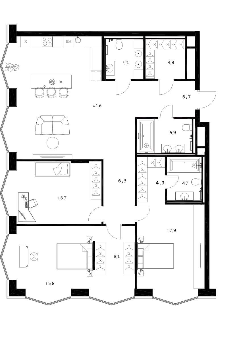 Планировка: Квартира евро-4 137,6 м² в ЖК «A. Residence»