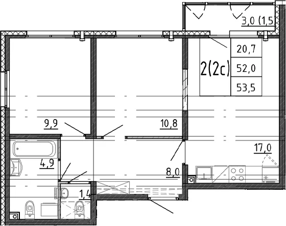 Планировка: Евротрёшка 52 м² в ЖК «Ручьи 2»