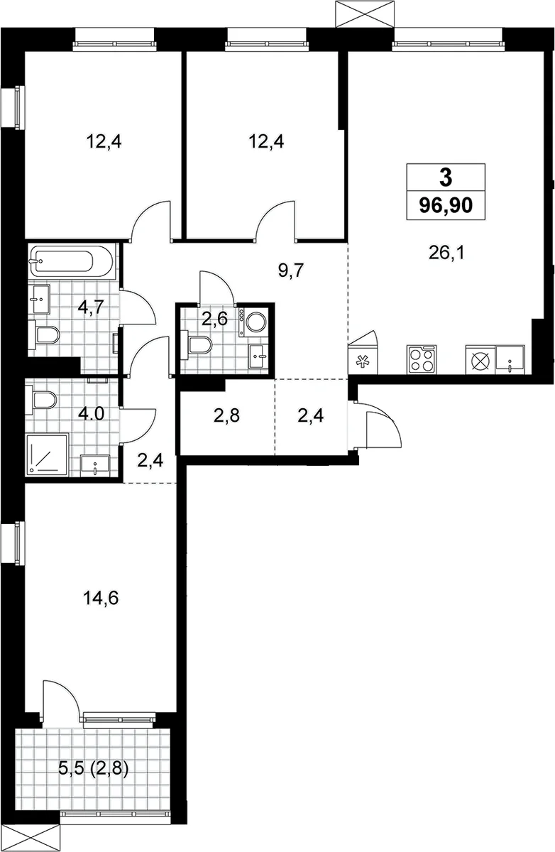 Планировка: 3-комнатная квартира 94,1 м² в ЖК «Дзен-кварталы»