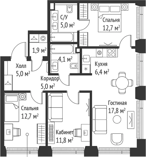 Планировка: Квартира евро-4 79,6 м² в ЖК «СЕТ»