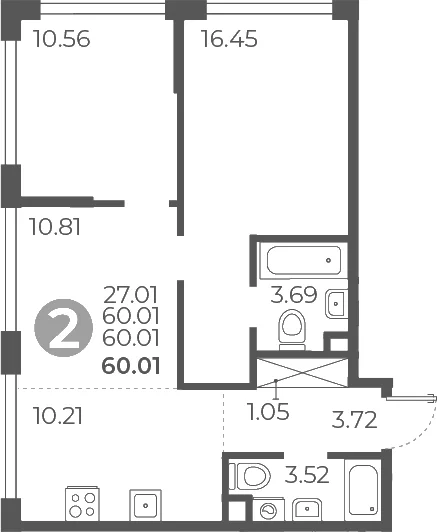 Планировка: 2-комнатная квартира 60 м² в ЖК «Мневники от Гранель»