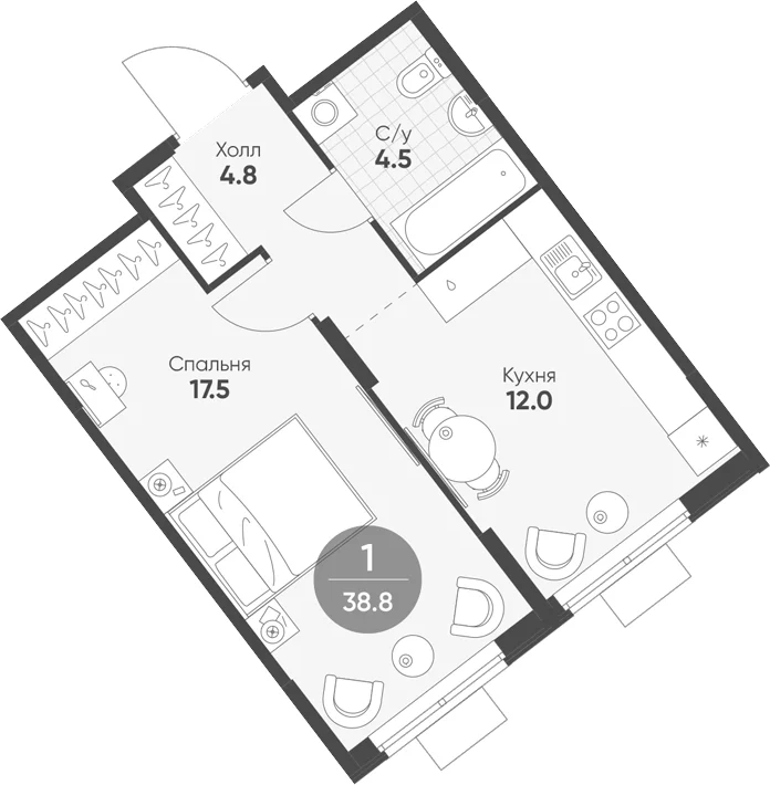 Планировка: 1-комнатная квартира 38,8 м² в ЖК «Ягодное Река Парк»