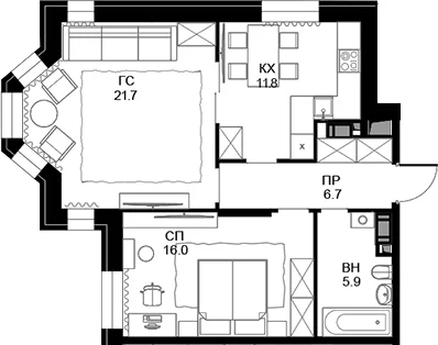 Планировка: 2-комнатная квартира 62,1 м² в ЖК «Театральный квартал»