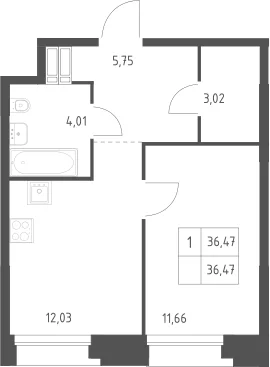 Планировка: 1-комнатная квартира 36,5 м² в ЖК «Тропарево Парк»