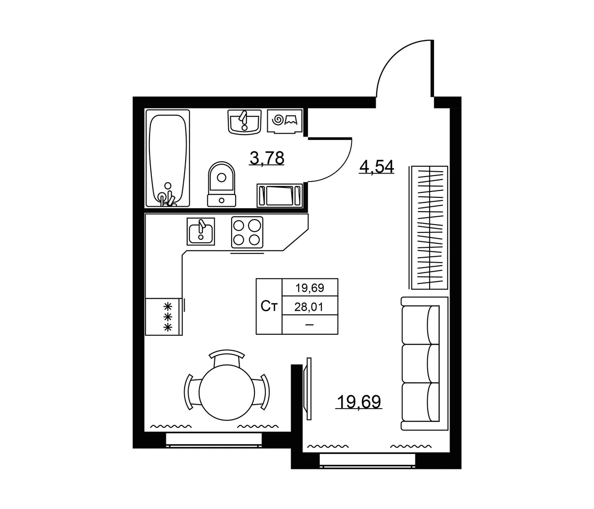 Планировка: Студия 28 м² в ЖК «Пулковское, 34»