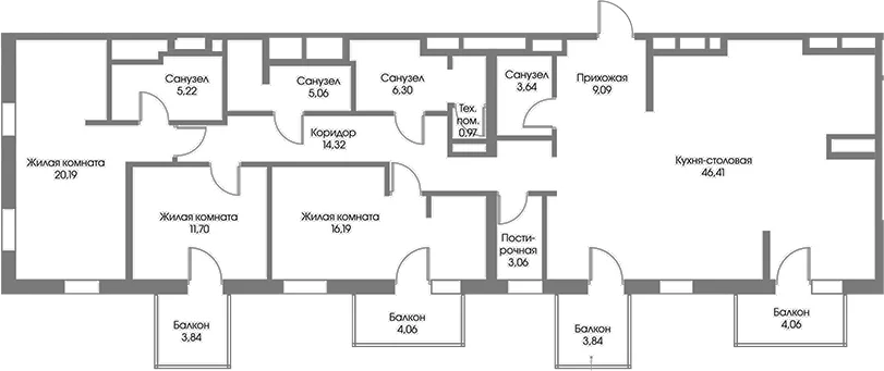 Планировка: Квартира евро-4 142,2 м² в ЖК «Рощино Резиденс»