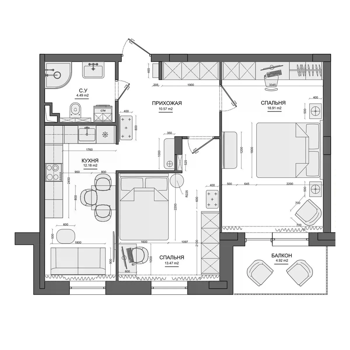 Планировка: 2-комнатная квартира 59,4 м² в ЖК «Лесной»