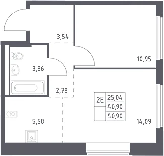 Планировка: Евродвушка 40,9 м² в ЖК «Космический Квартал»