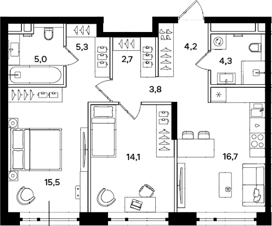 Планировка: 2-комнатная квартира 71,6 м² в ЖК «Мангазея на Речном»