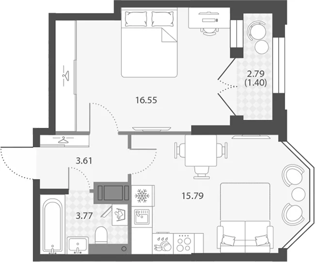 Планировка: Евродвушка 39,7 м² в ЖК «Цивилизация на Неве»
