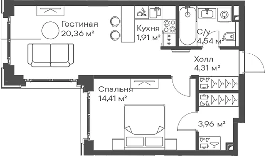 Планировка: Евродвушка 49,5 м² в ЖК «Сити Бэй»