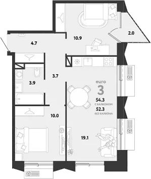 Планировка: Евротрёшка 52,3 м² в ЖК «Страна.Заречная»