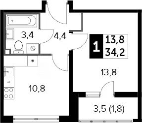 Планировка: 1-комнатная квартира 32,4 м² в ЖК «Южная Битца»