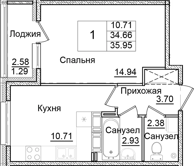 Планировка: 1-комнатная квартира 34,7 м² в ЖК «Квартал Заречье»