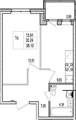Планировка: 1-комнатная квартира 35,2 м² в ЖК «Ново-Антропшино»