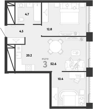 Планировка: Евротрёшка 52,6 м² в ЖК «Страна.Заречная»