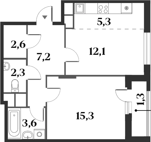Планировка: Евродвушка 48,6 м² в ЖК «Миниполис 8 Кленов»