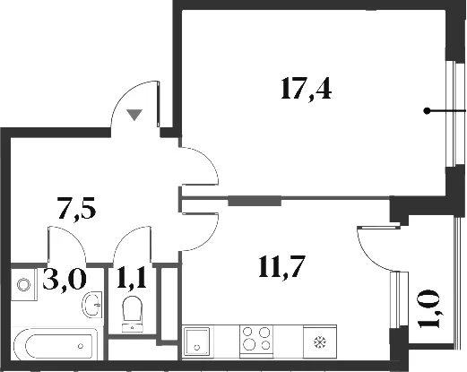 Планировка: 1-комнатная квартира 40,7 м² в ЖК «Миниполис 8 Кленов»