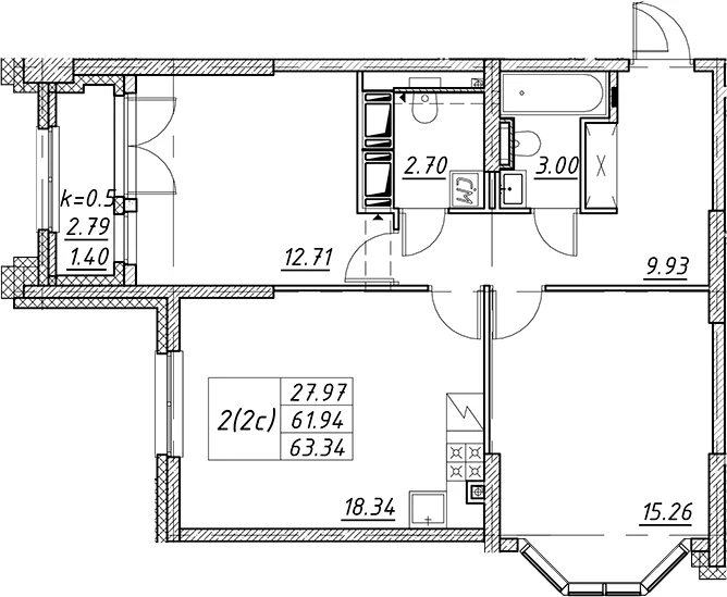 Планировка: Евротрёшка 61,9 м² в ЖК «Цивилизация на Неве»