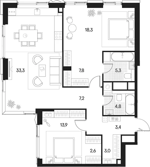 Планировка: Евротрёшка 99,6 м² в ЖК «Клубный город на реке Примавера»