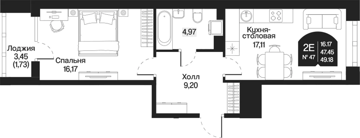 Планировка: Евродвушка 47,5 м² в ЖК «Охтинские высоты»