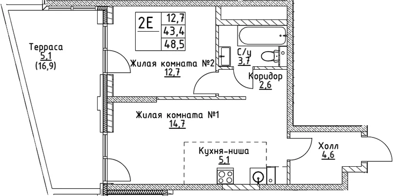 Планировка: Евродвушка 43,4 м² в ЖК «ВЭРИ на Миклухо-Маклая»