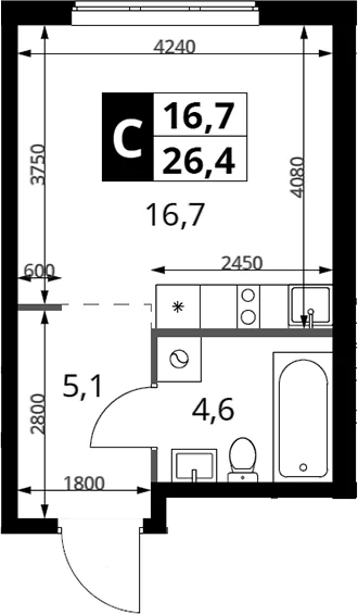 Планировка: Студия 26,4 м² в ЖК «1-й Измайловский»
