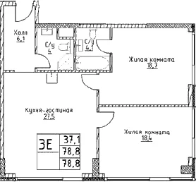 Планировка: Евротрёшка 78,8 м² в ЖК «Наметкин Тауэр»