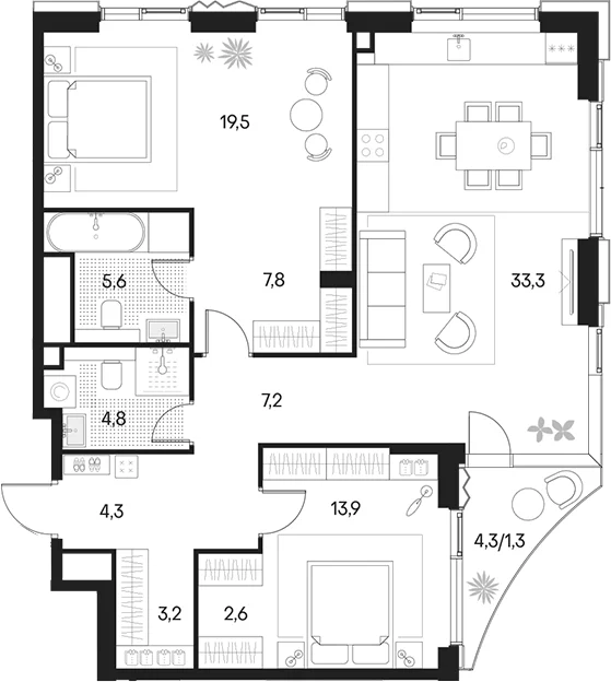 Планировка: Евротрёшка 102,2 м² в ЖК «Клубный город на реке Примавера»