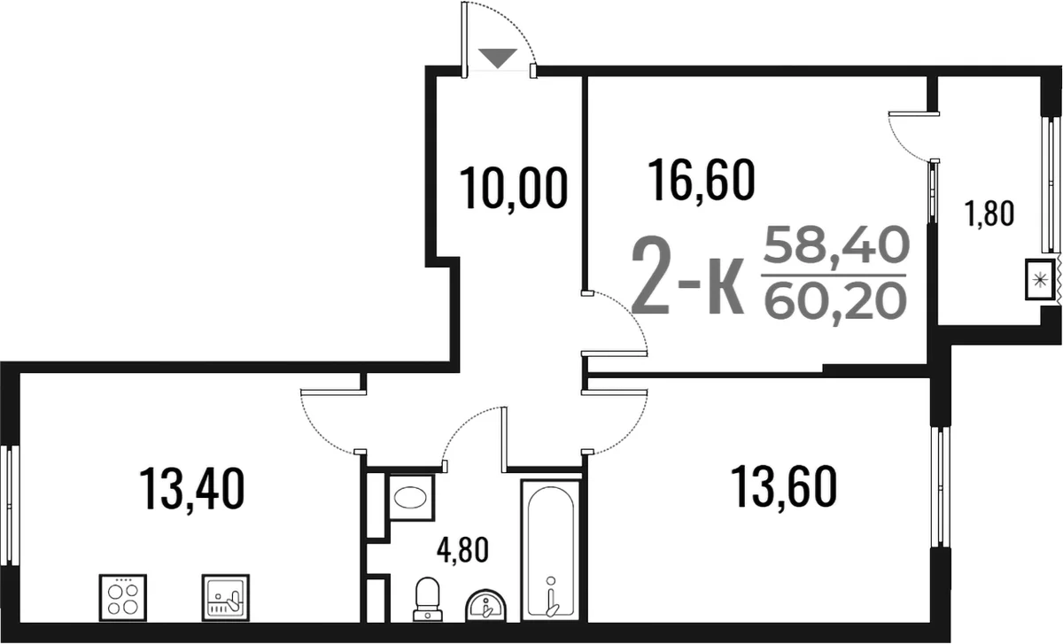 Планировка: 2-комнатная квартира 58,4 м² в ЖК «Новое Летово»