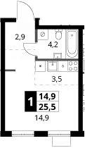 Планировка: Студия 25,5 м² в ЖК «1-й Ясеневский»