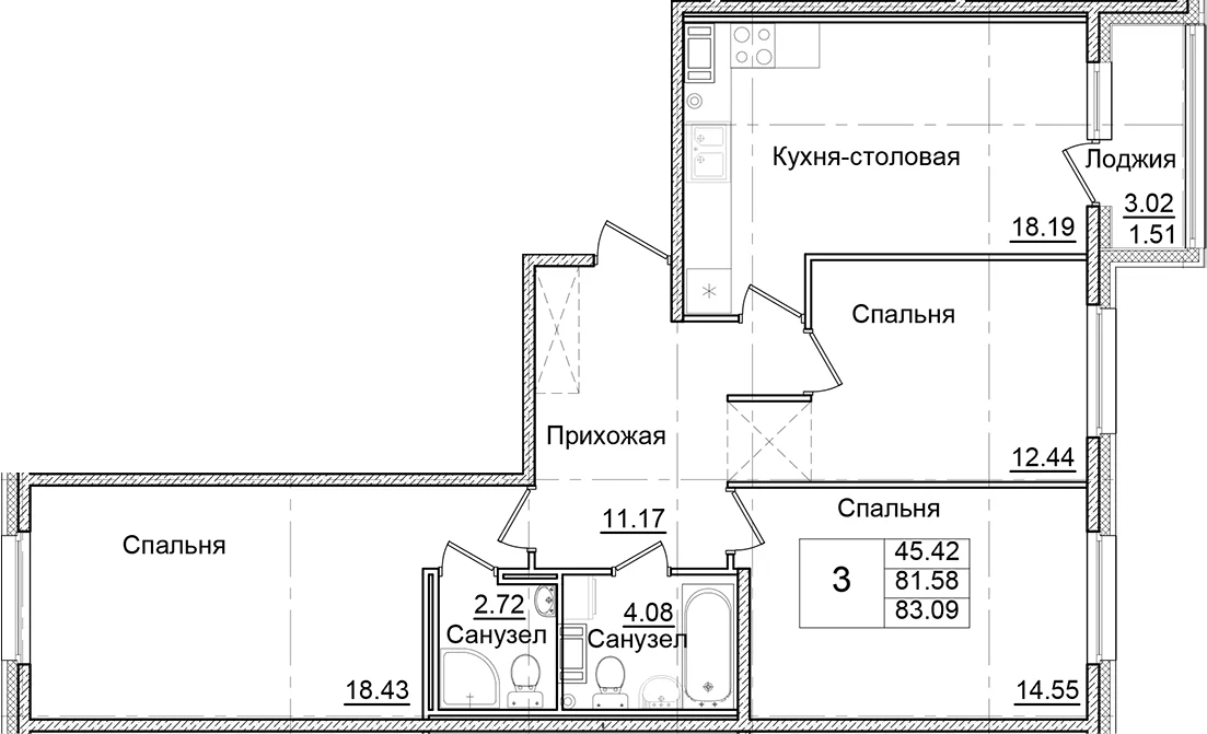 Планировка: 3-комнатная квартира 81,6 м² в ЖК «Квартал Заречье»