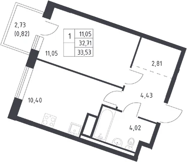 Планировка: 1-комнатная квартира 32,7 м² в ЖК «Квартал Лаголово»
