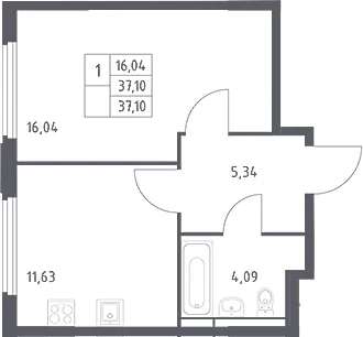 Планировка: 1-комнатная квартира 37,1 м² в ЖК «Космический Квартал»