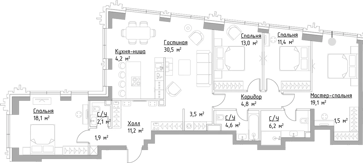 Планировка: Квартира евро-5 132,1 м² в ЖК «Левел Павелецкая Сити»