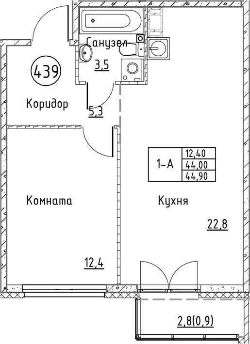 Планировка: Евродвушка 44 м² в ЖК «Кронунг Юг»