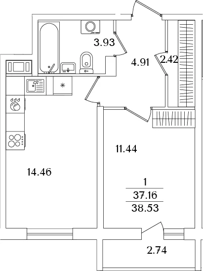 Планировка: Евродвушка 37,2 м² в ЖК «Кинопарк»