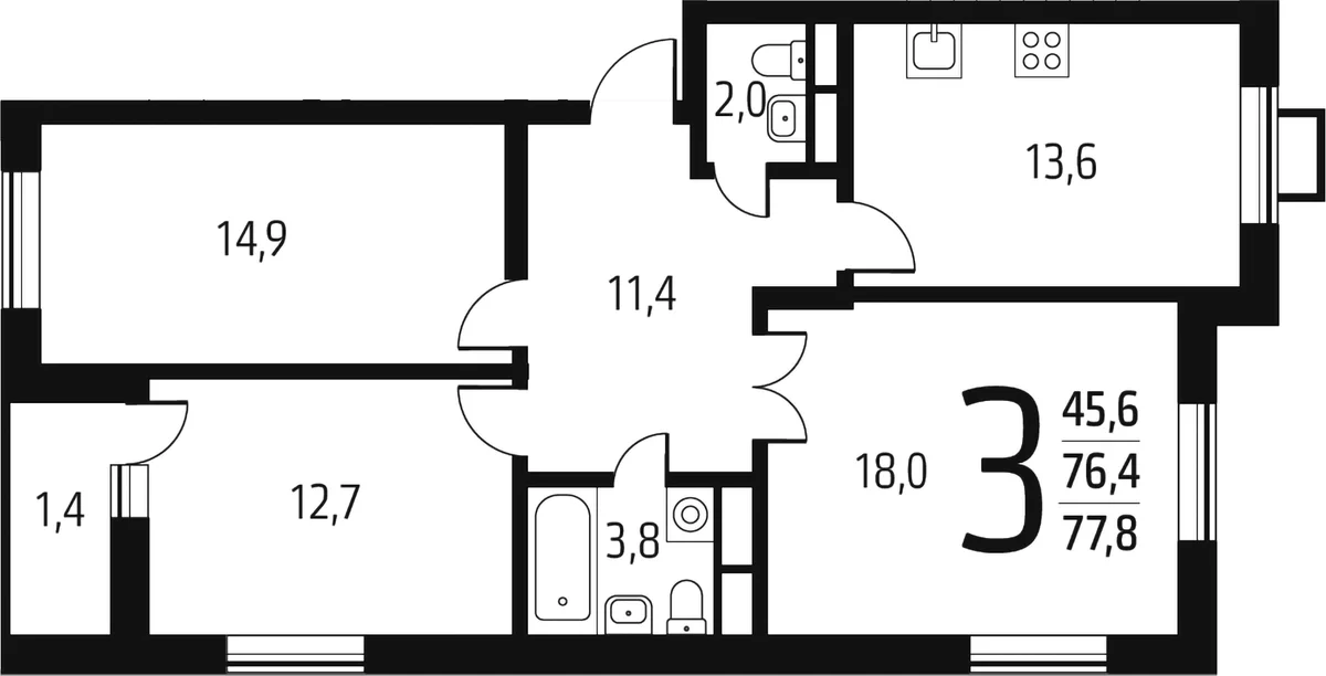Планировка: 3-комнатная квартира 76,4 м² в ЖК «Новые Ватутинки Заречный»