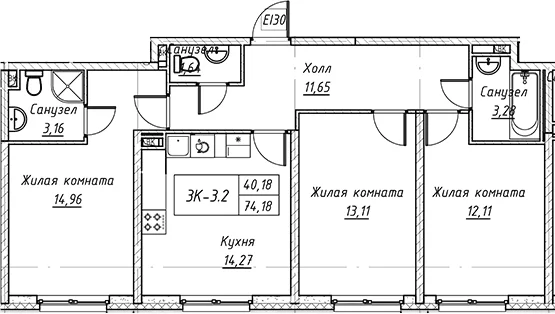 Планировка: 3-комнатная квартира 74,2 м² в ЖК «Зум на Неве»
