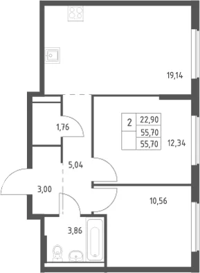 Планировка: Евротрёшка 55,7 м² в ЖК «Большое Юрлово»