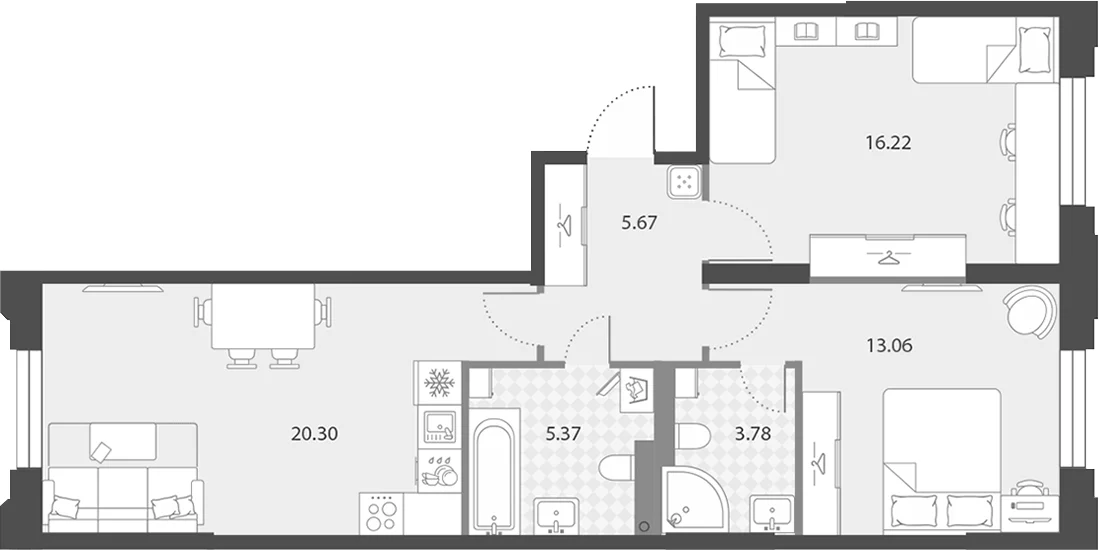 Планировка: Евротрёшка 64,4 м² в ЖК «Цивилизация на Неве»