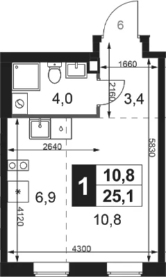 Планировка: Студия 25,1 м² в ЖК «1-й Ясеневский»