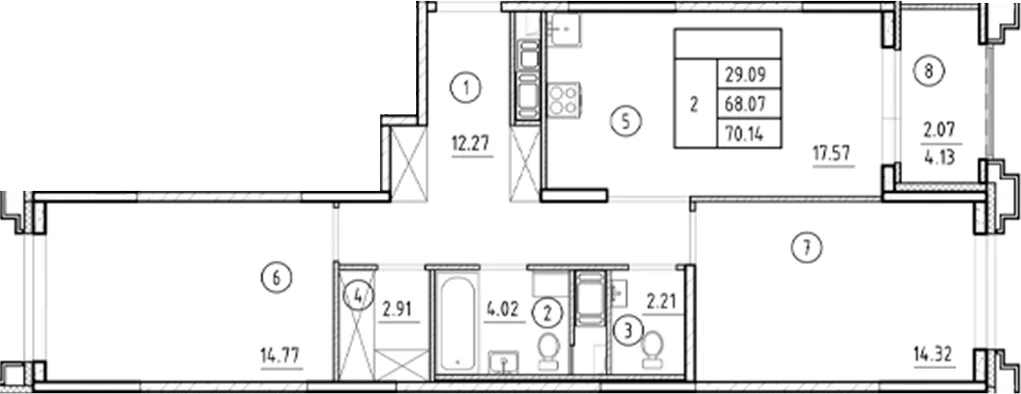 Планировка: Евротрёшка 68,1 м² в ЖК «Ассамблея»