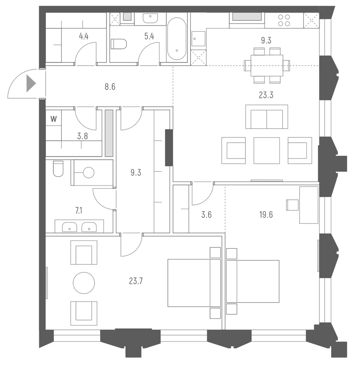 Планировка: Евротрёшка 118,1 м² в ЖК «Веспер Кутузовский»