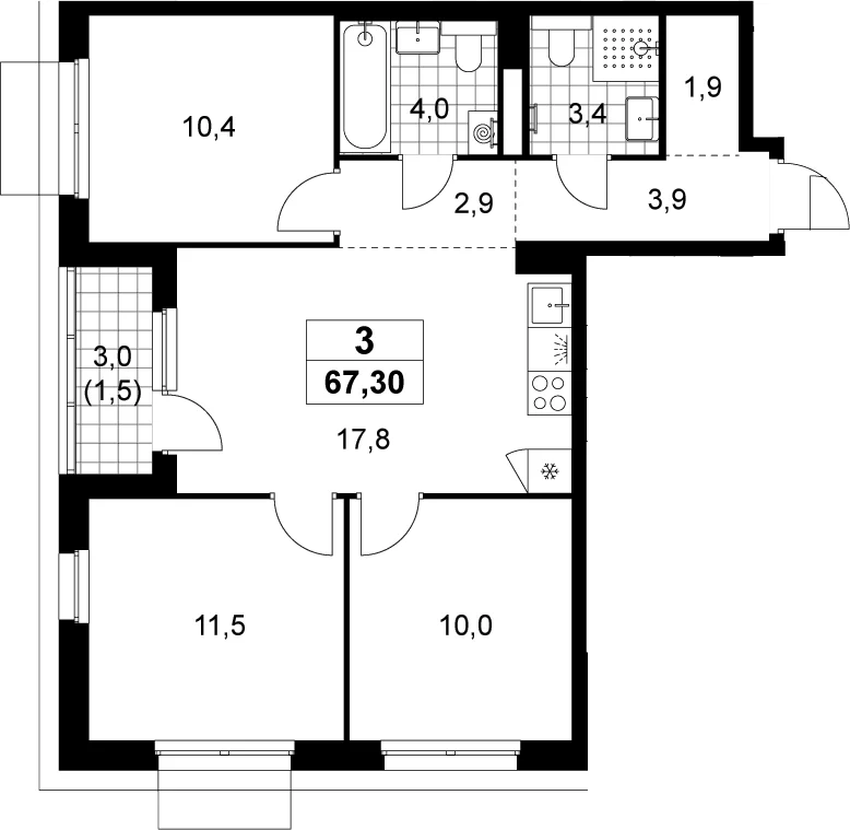 Планировка: Квартира евро-4 65,8 м² в ЖК «Деснаречье»