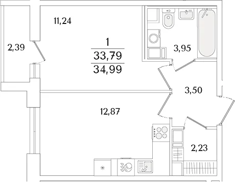 Планировка: Евродвушка 33,8 м² в ЖК «Кинопарк»