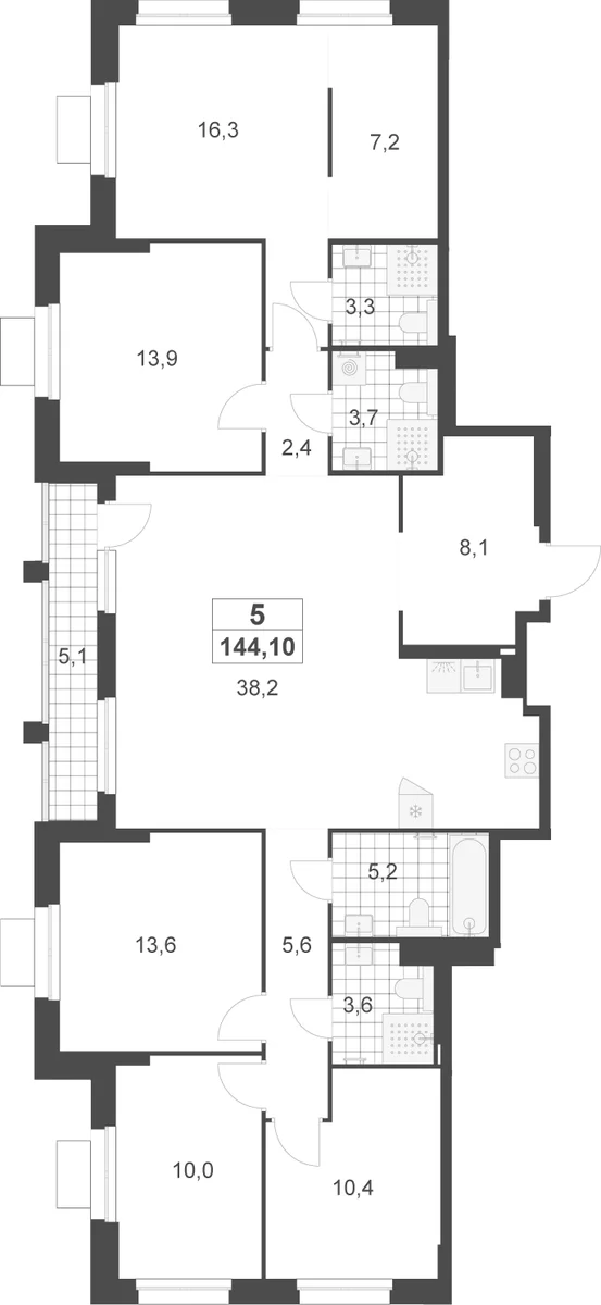 Планировка: 5-комнатная квартира 141,5 м² в ЖК «Деснаречье»