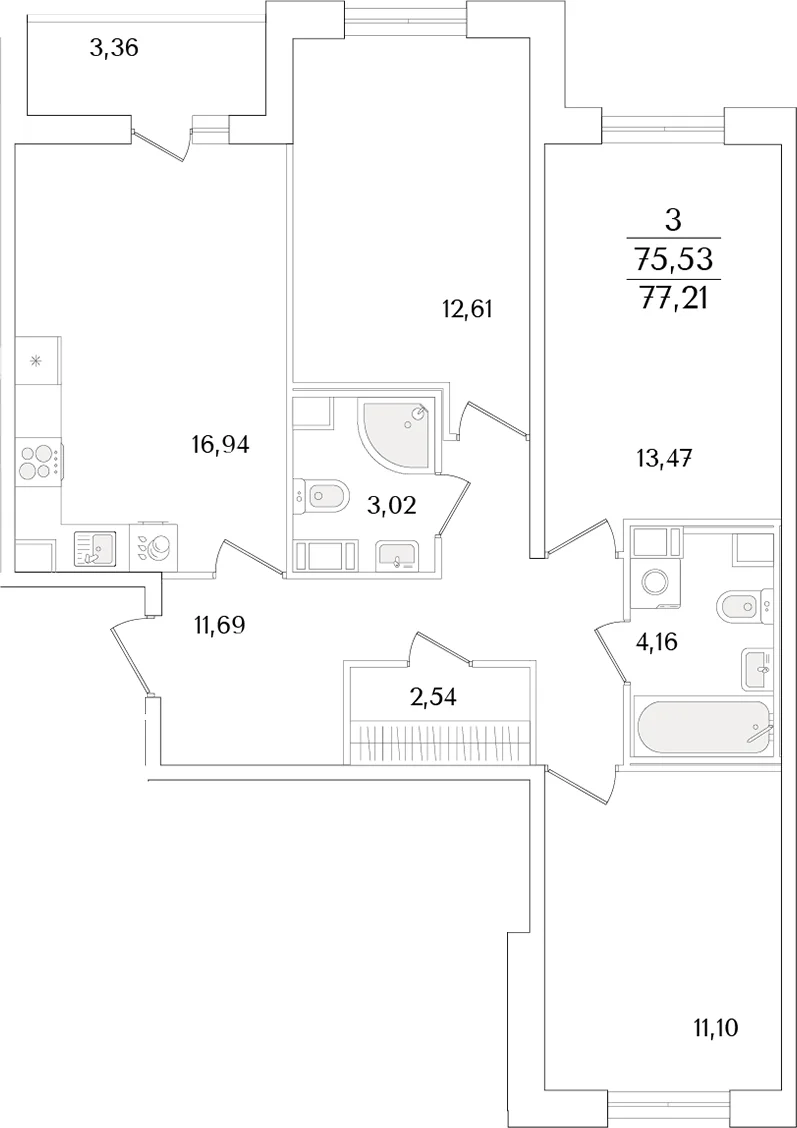 Планировка: Квартира евро-4 75,5 м² в ЖК «Кинопарк»