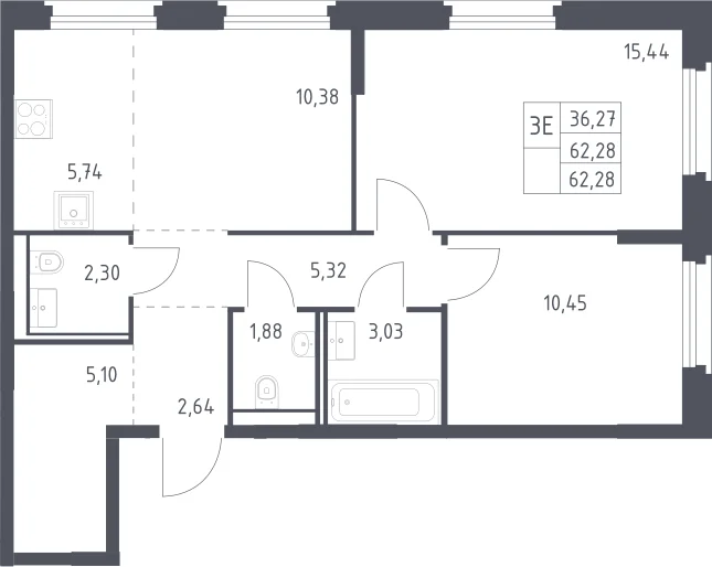 Планировка: Евротрёшка 62,3 м² в ЖК «Квартал Строгино»
